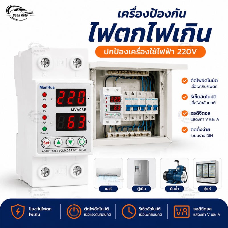 เครื่องป้องกันไฟตกไฟเกิน 220V 40A/63A รีเลย์ป้องกันแรงดันไฟฟ้า จอดิจิตอล รีเซ็ตอัตโนมัติ ตัดไฟอัตโนมัติ