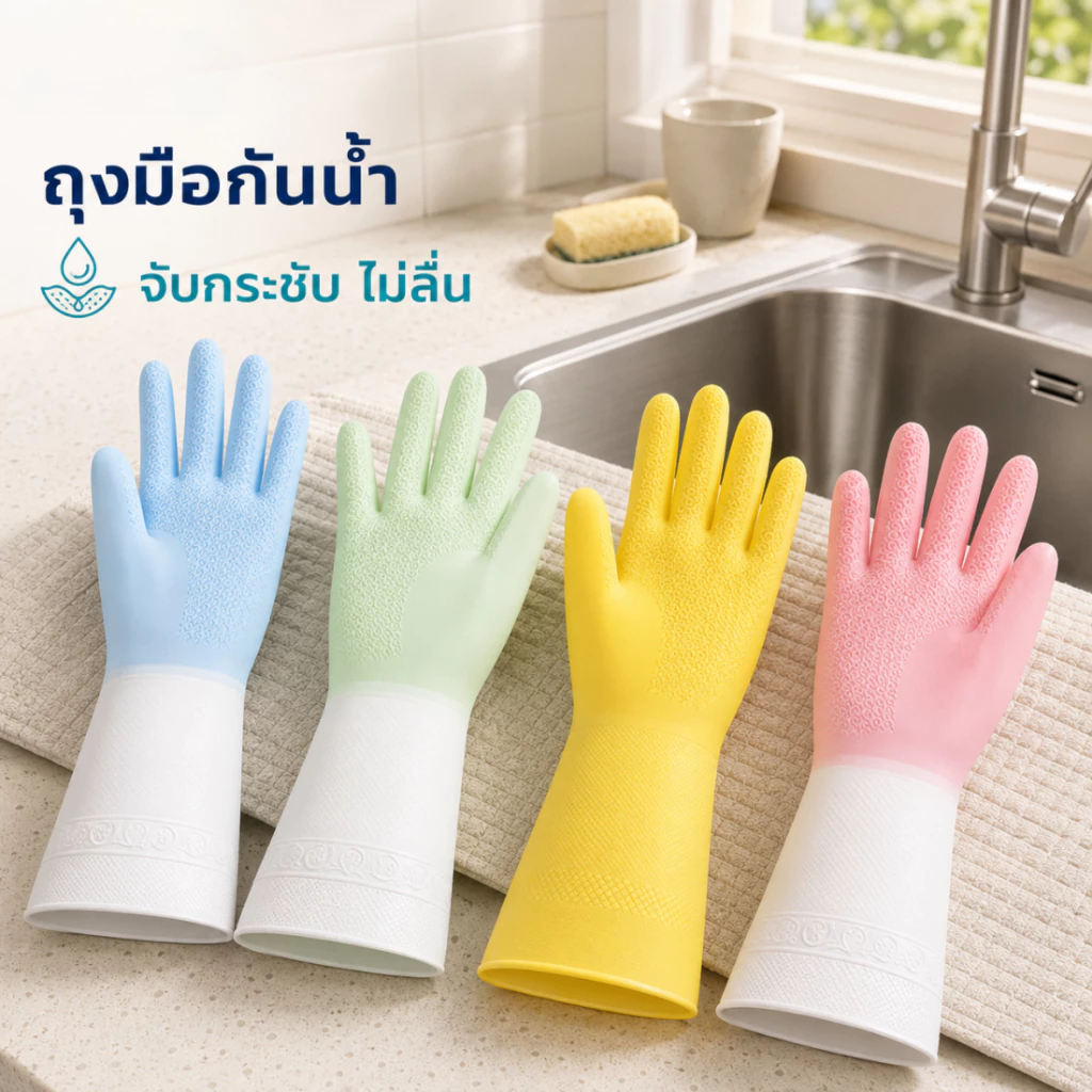ถุงมือทำความสะอาด กันน้ำ กันลื่น วัสดุหนาขึ้น นุ่มสวมใส่อ่อนโยนต่อผิว ป้องกันมือเปียกและแช่นานค่ะ