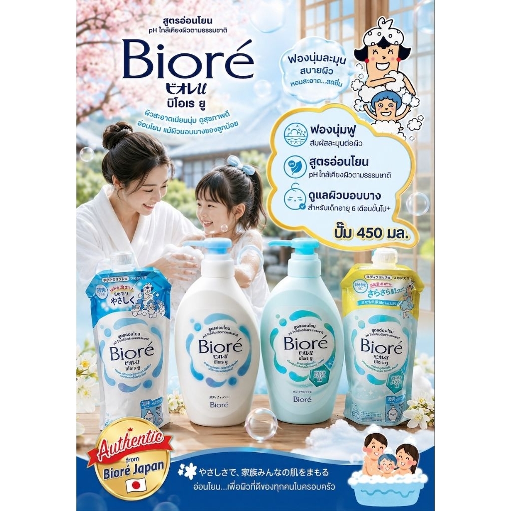 Exp,:02/29 ครีมอาบน้ำ Biore u Body Wash from Biore' Japan มี 2ขนาด ปั๊ม 450ml., refill 320ml
