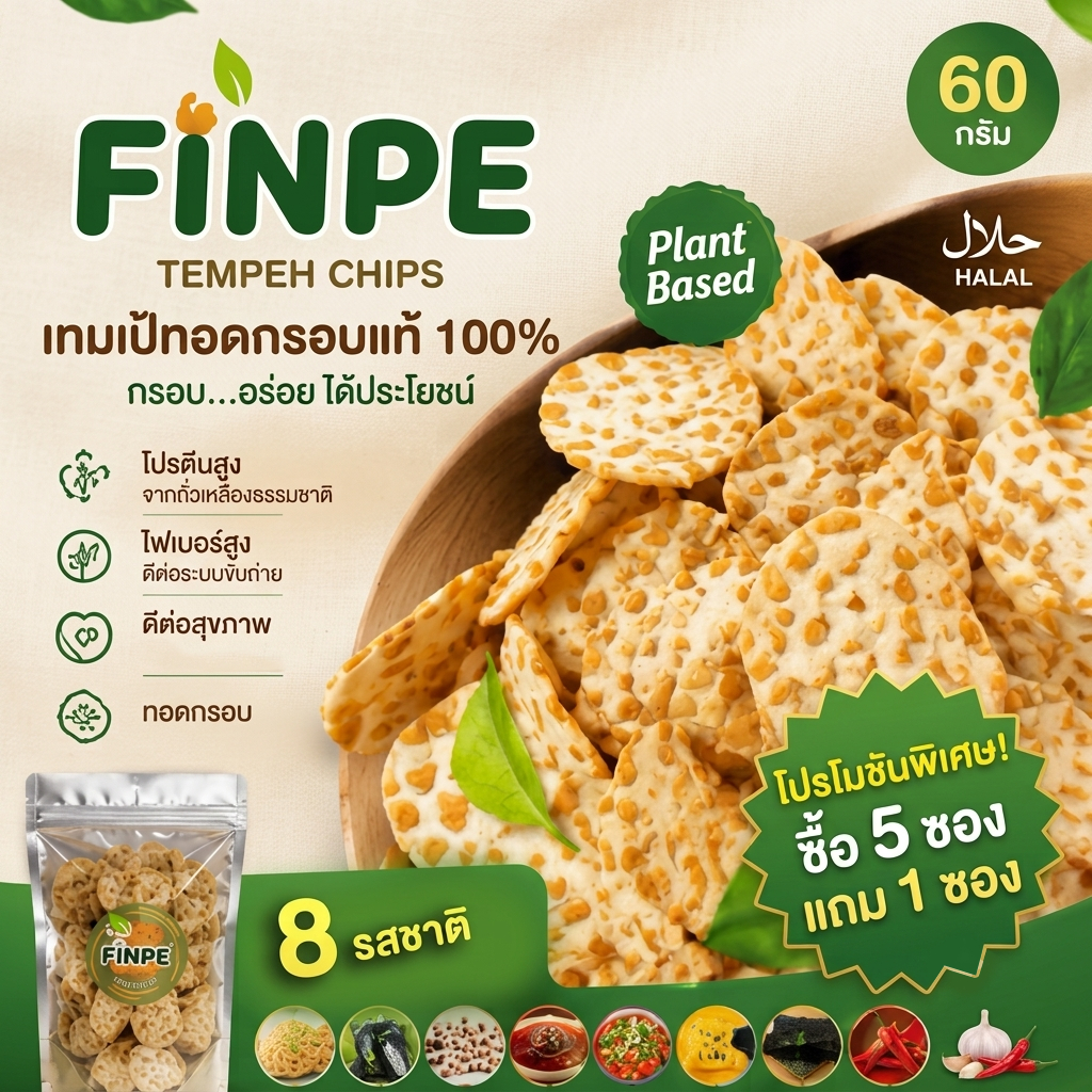 [ซื้อ 5 แถท 1] ฟินเป้ เทมเป้ทอดกรอบ 8 รสชาติ โปรตีนสูงจากถั่วเหลือง ไฟเบอร์สูง 60 กรัม เจ ฮาลาล