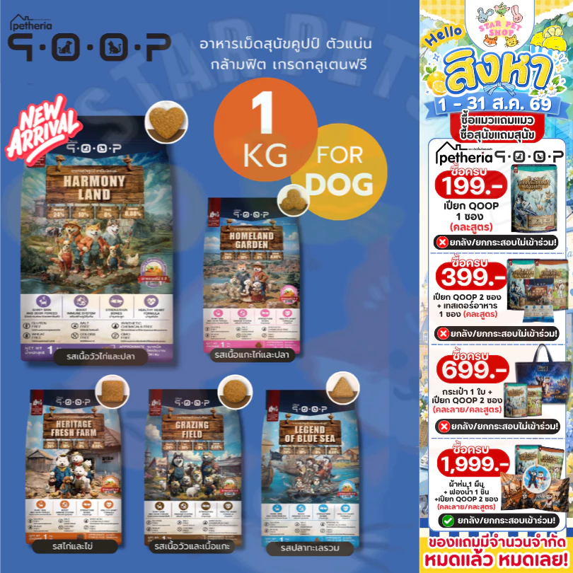 Petheria QOOP อาหารเม็ดสุนัขคูปป์ ตัวแน่น กล้ามฟิต เกรดกลูเตนฟรี สำหรับสุนัขทุกช่วงวัย ทุกสายพันธ์ ขนาด 1 กิโลกรัม