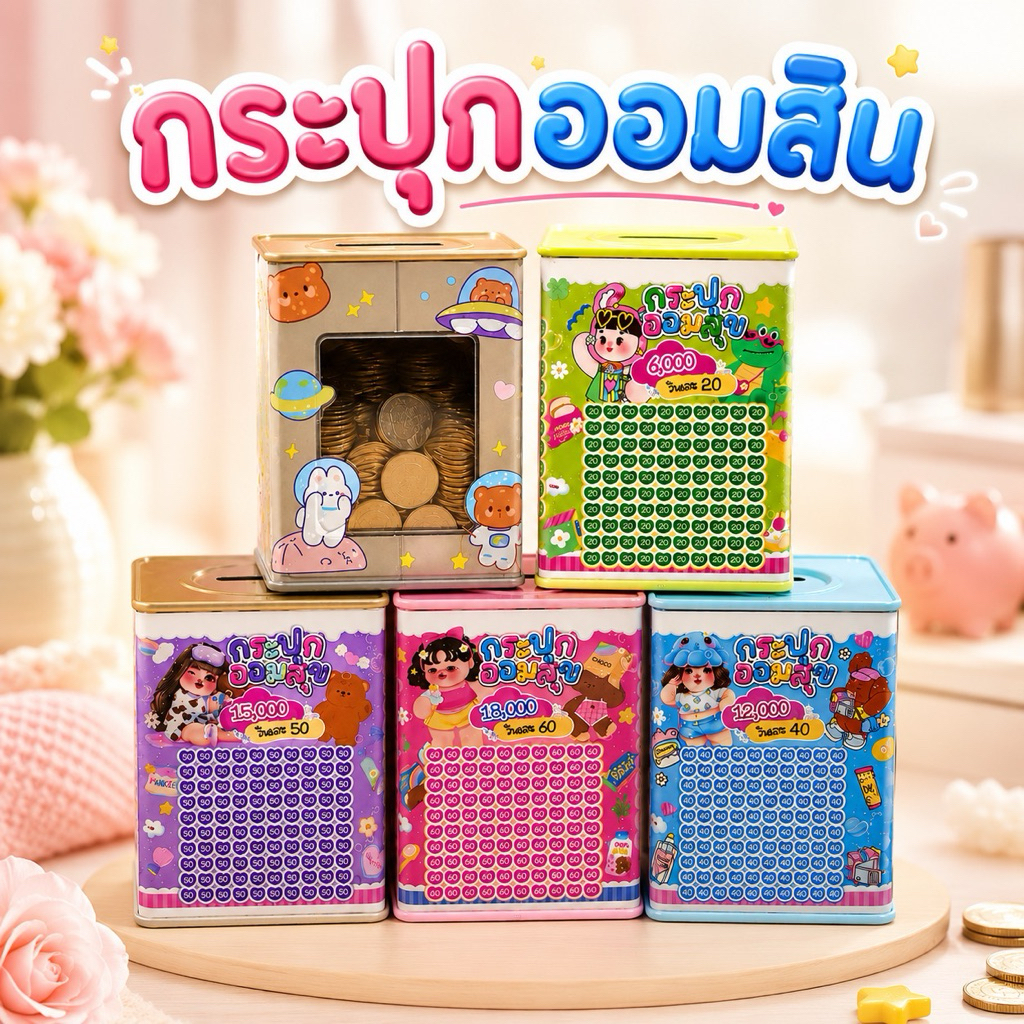 กระปุกออมสินพลาสติกแข็ง 5 สี ขนาด12cm แถมฟรี ตารางออม3ด้าน สติ๊กเกอร์ ปากกา กันชื้น สินค้าเคลมฟรี