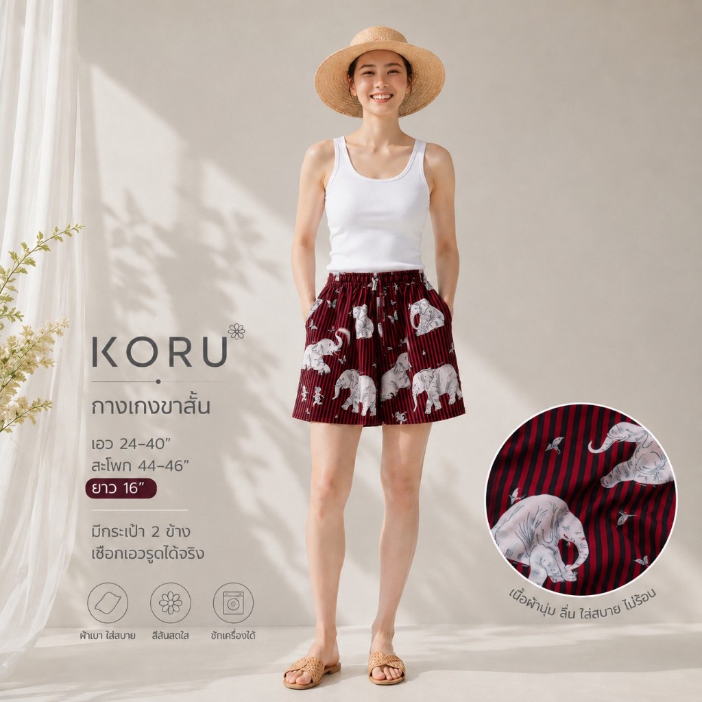 KORU กางเกงขาสั้น ลายช้างสีพ่นน้ำ