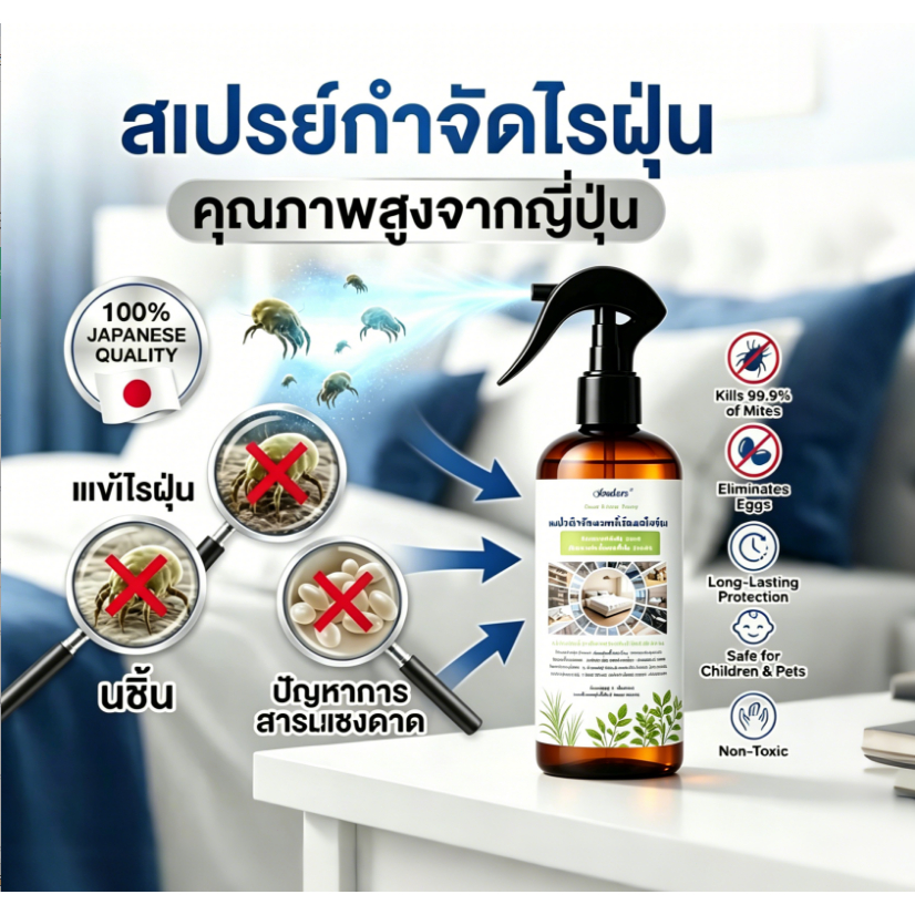 Souleer สเปรย์กำจัดไรฝุ่น พรีเมี่ยม 310ml ปลอดสารพิษ ใช้กับที่นอน-หมอน กันภูมิแพ้