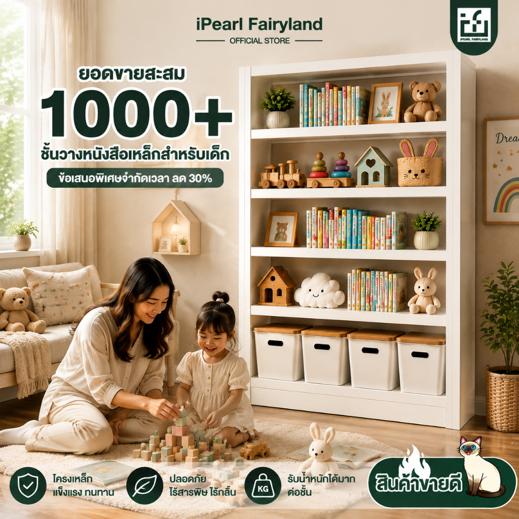 iF ชั้นวางหนังสือเหล็ก ชั้นวางของอเนกประสงค์ 3/4/5 ชั้น 60/80/100 ซม. รับน้ำหนัก 60 กก./ชั้น กันสนิม ขอบมน