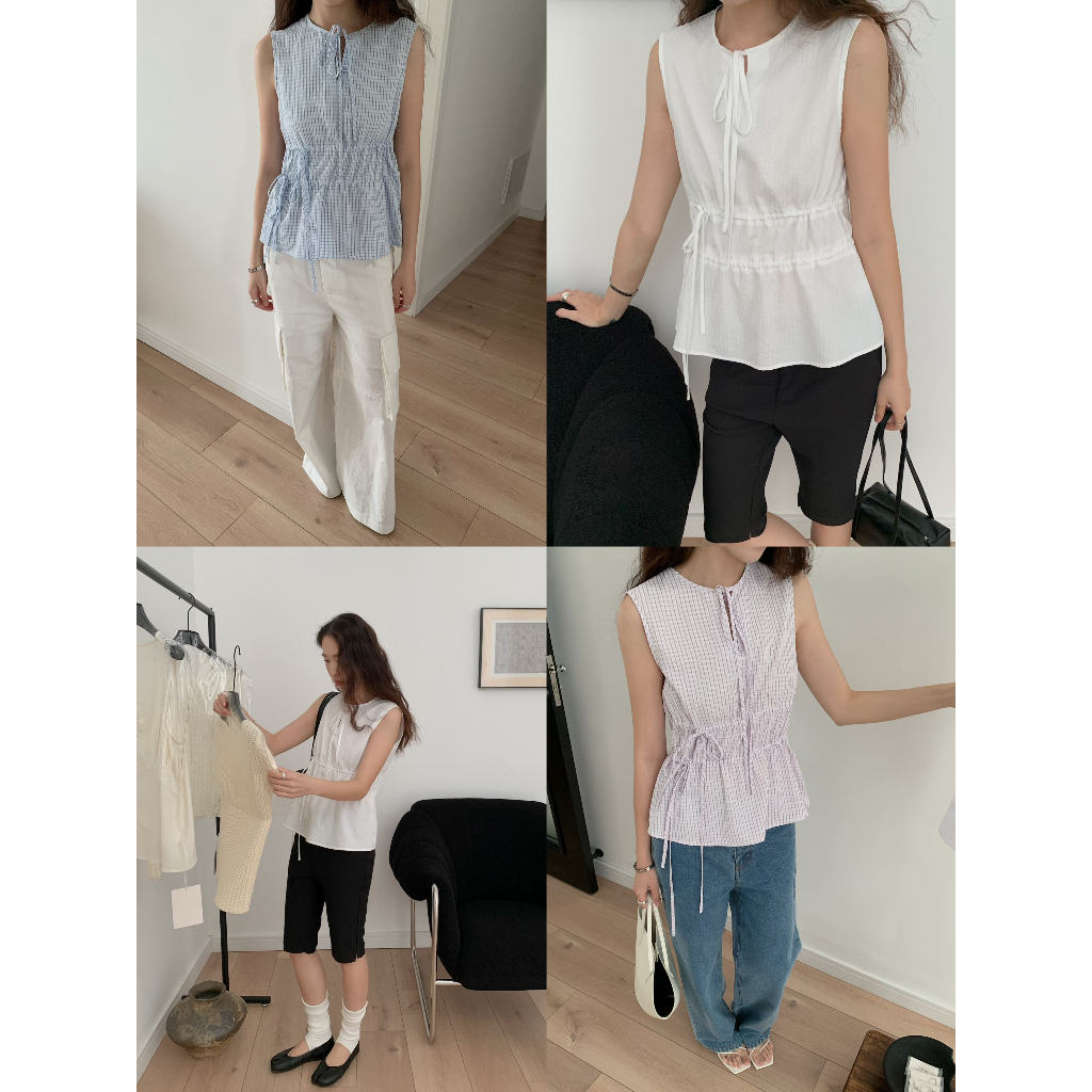 INBYIN - เสื้อแขนกุดผ้าลายสก็อตแต่งสายผูกโบว์อก DAILY TIE TOP - I4237
