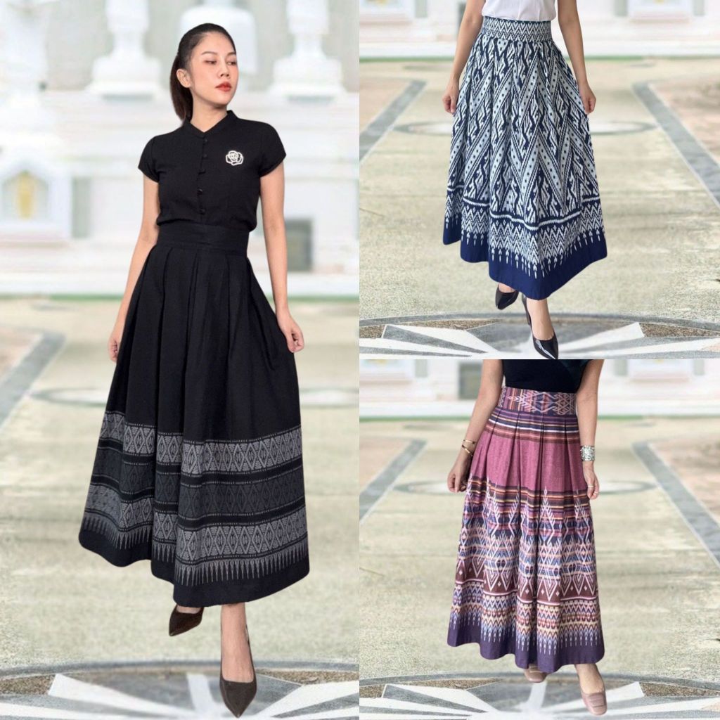 กระโปรงจีบทวิส ผ้าไทย เอวตามไซส์ ทรงสุภาพ ใส่ทำงาน ใส่ออกงาน