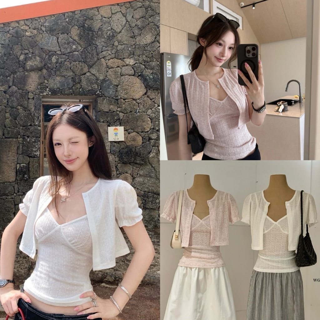 📍พร้อมส่ง📍10572# Set 2 pcs เสื้อครอปแขนสั้น + เสื้อสายเดี่ยว สายปรับได้ เนื้อผ้าดี ทรงสวย TAG:WG.WE 🇰🇷