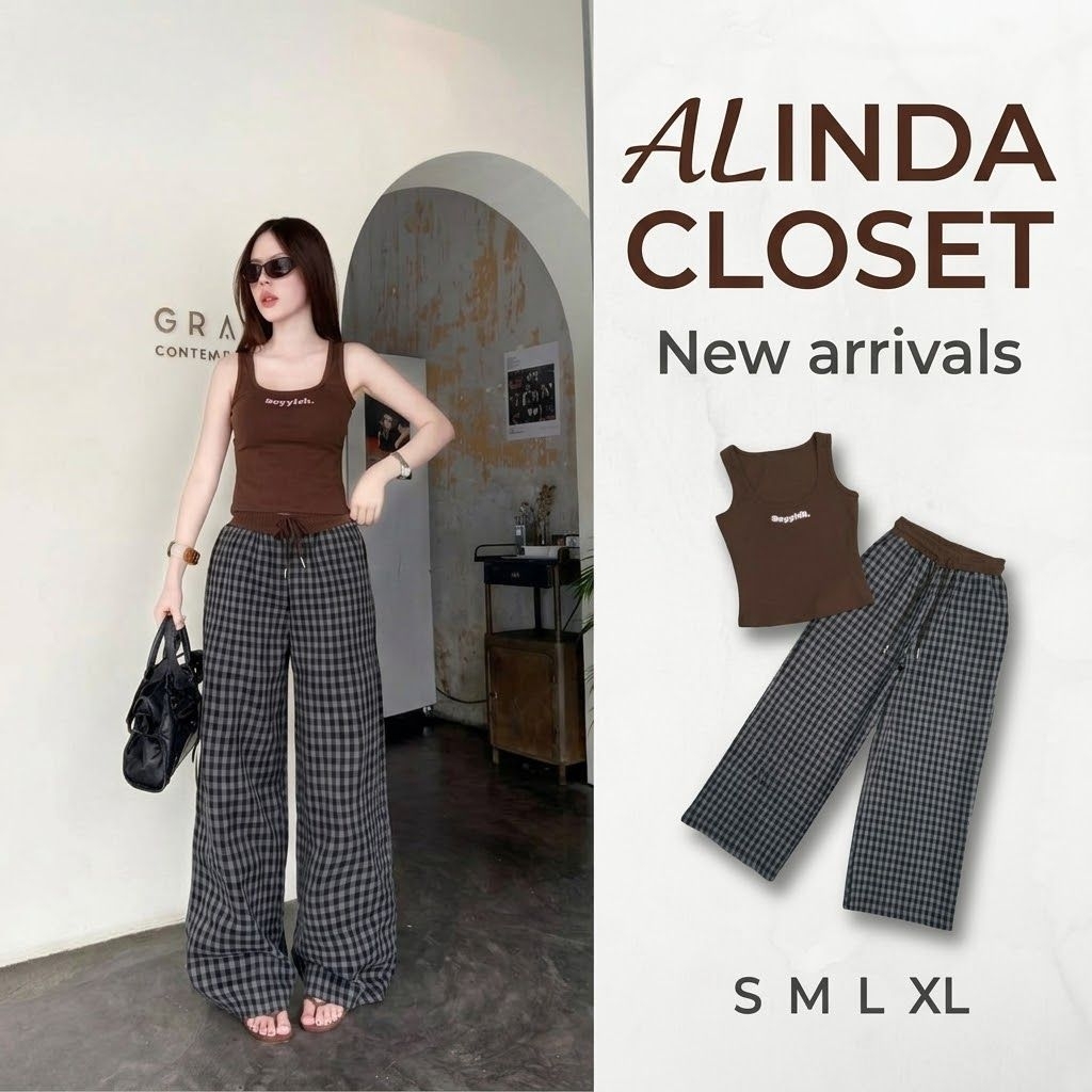 𝘼𝙇𝙄𝙉𝘿𝘼 𝘾𝙇𝙊𝙎𝙀𝙏 ᯓ ชุดเซ็ตเสื้อกล้ามสีน้ำตาล สกรีนตัวอักษร+กางเกงขายาวลายสก็อตเทา-ดำ เนื้อผ้าดี ใส่สบาย