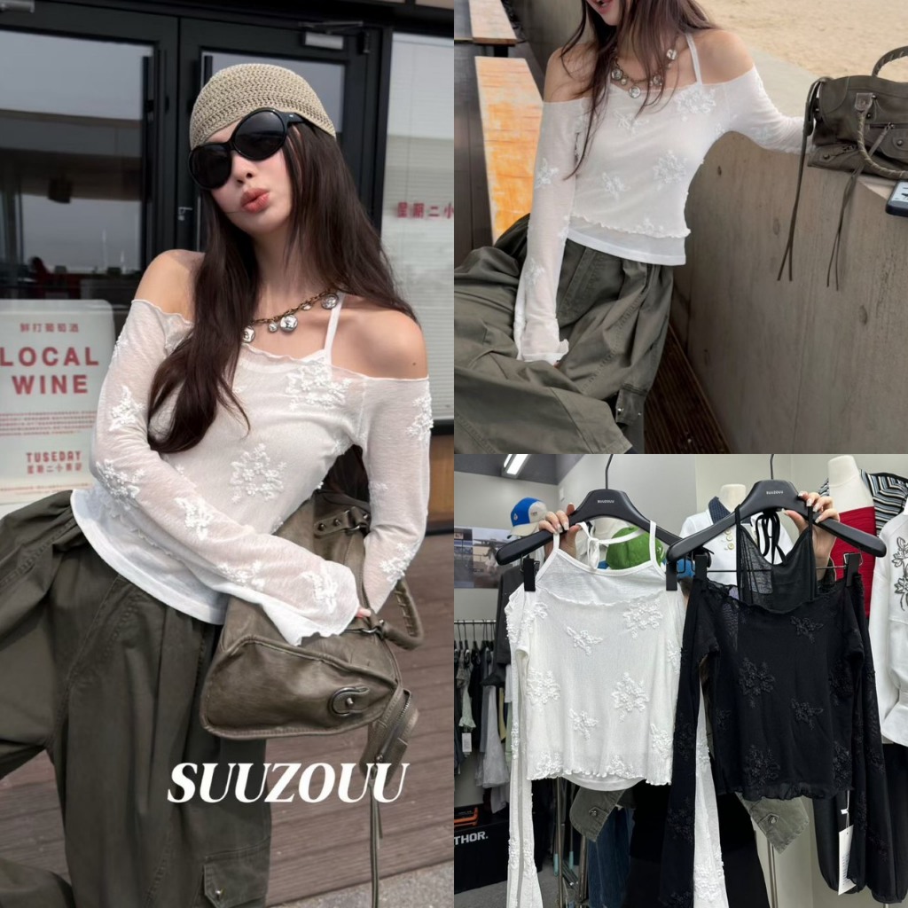 🧵🧡 🇰🇷 SU589 Floral Embroidered Layered Top เสื้อผ้าซีทรูซีดีไซน์ 2in1 ด้านในเป็นสายเดี่ยว แฟชั่นเกาหลี TAG MM Fish ✈