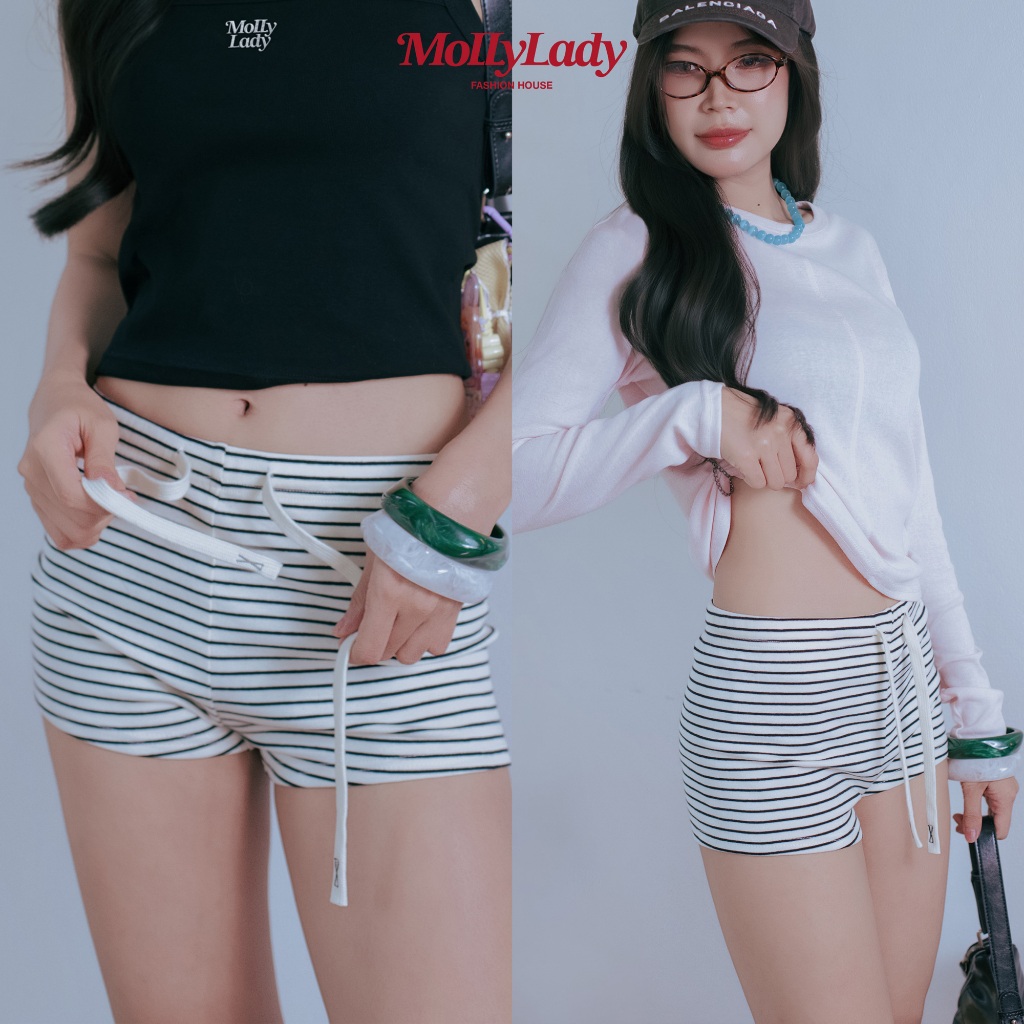 MOLLY LADY กางเกงขาสั้น สีครีมลายทางดำ เอวยืดผ้าคอตตอนนุ่มใส่สบาย : Lazy Sunday Shorts