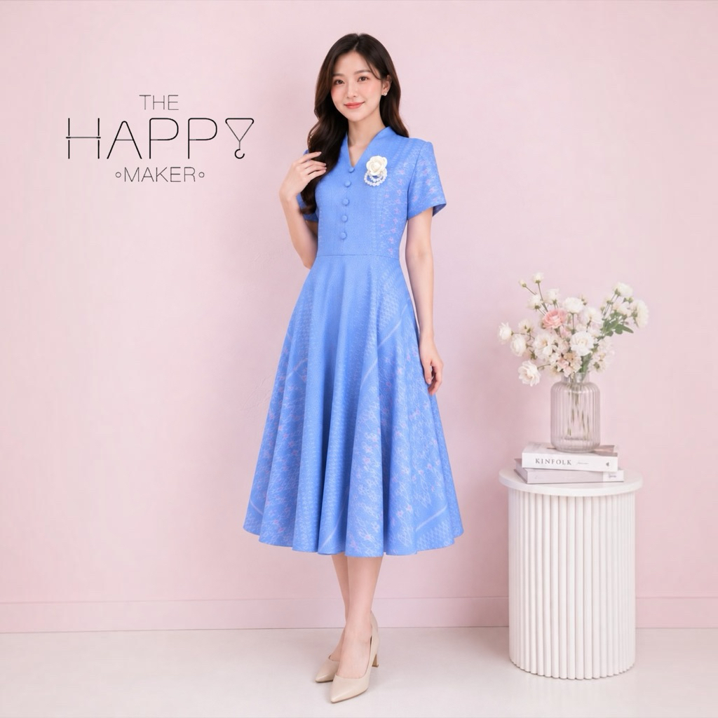 [แบรนด์ไทย] ชุดเจ้าหญิงสีฟ้าเทาผ้าฝ้ายราชวัตรคอวีปีน ผ้าไทยวันแม่