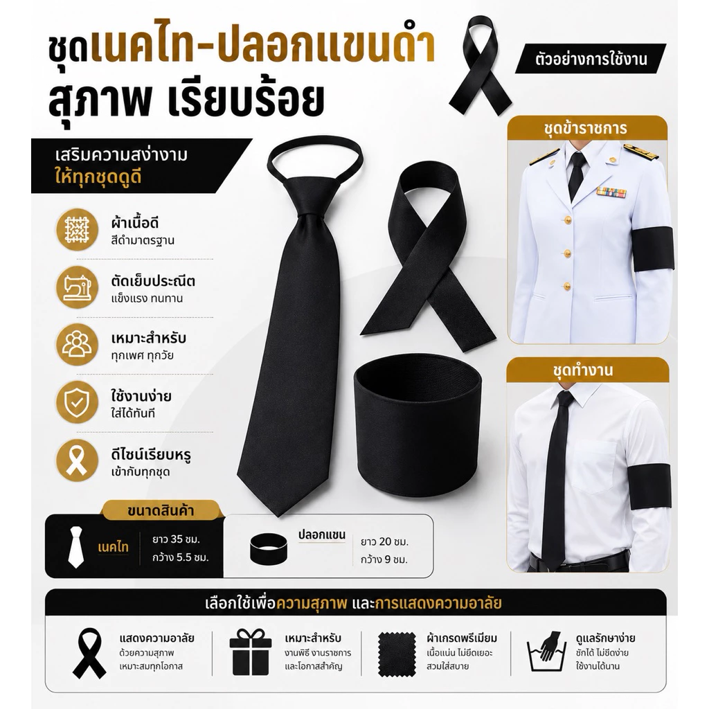 ริบบิ้น โบว์ ไว้ทุกข์ เนคไทดำ เนคไท ปลอกแขนดำ ผ้ากำมะหยี่ สีดำสุภาพ เรียบร้อย