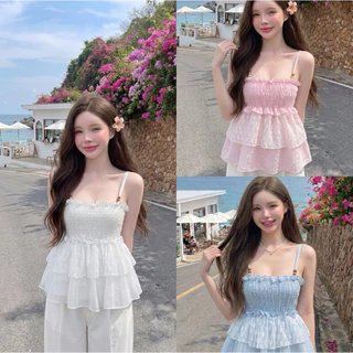 (อก28-44)เสื้อสายเดี่ยวสม็อคอก ดีเทล2ชั้นแต่งลูกไม้ แต่ลูกปัด สาวอวบใส่ได้อกถึง44 นิ้ว