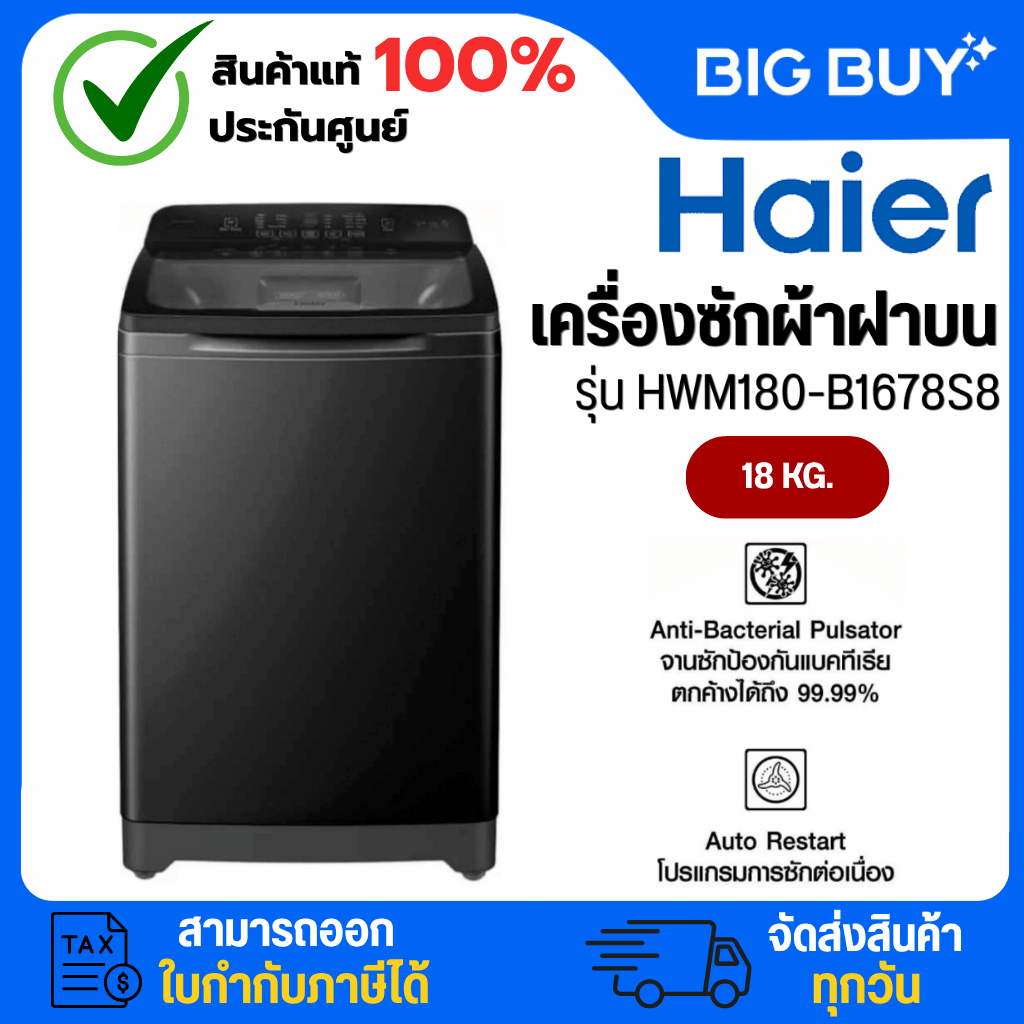 HAIER เครื่องซักผ้าฝาบน อินเวอร์เตอร์ รุ่น HWM180-B1678S8 18 Kg.