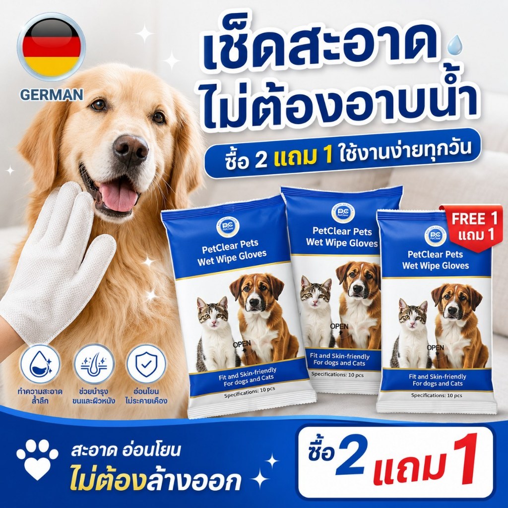 โปรซื้อ 2 แถม 1 ถุงมือเช็ดตัวสุนัขแมว ผ้านุ่มลายมุก เช็ดง่าย ไม่ต้องล้างออก