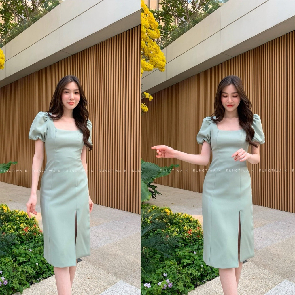 🫒 'Rivalry Dress ' -  เดรสผ่าหน้าแขนบอลลูน เดรสคอเหลี่ยม ชุดออกงาน ชุดไปงานเเต่ง เดรสทำงาน RTW