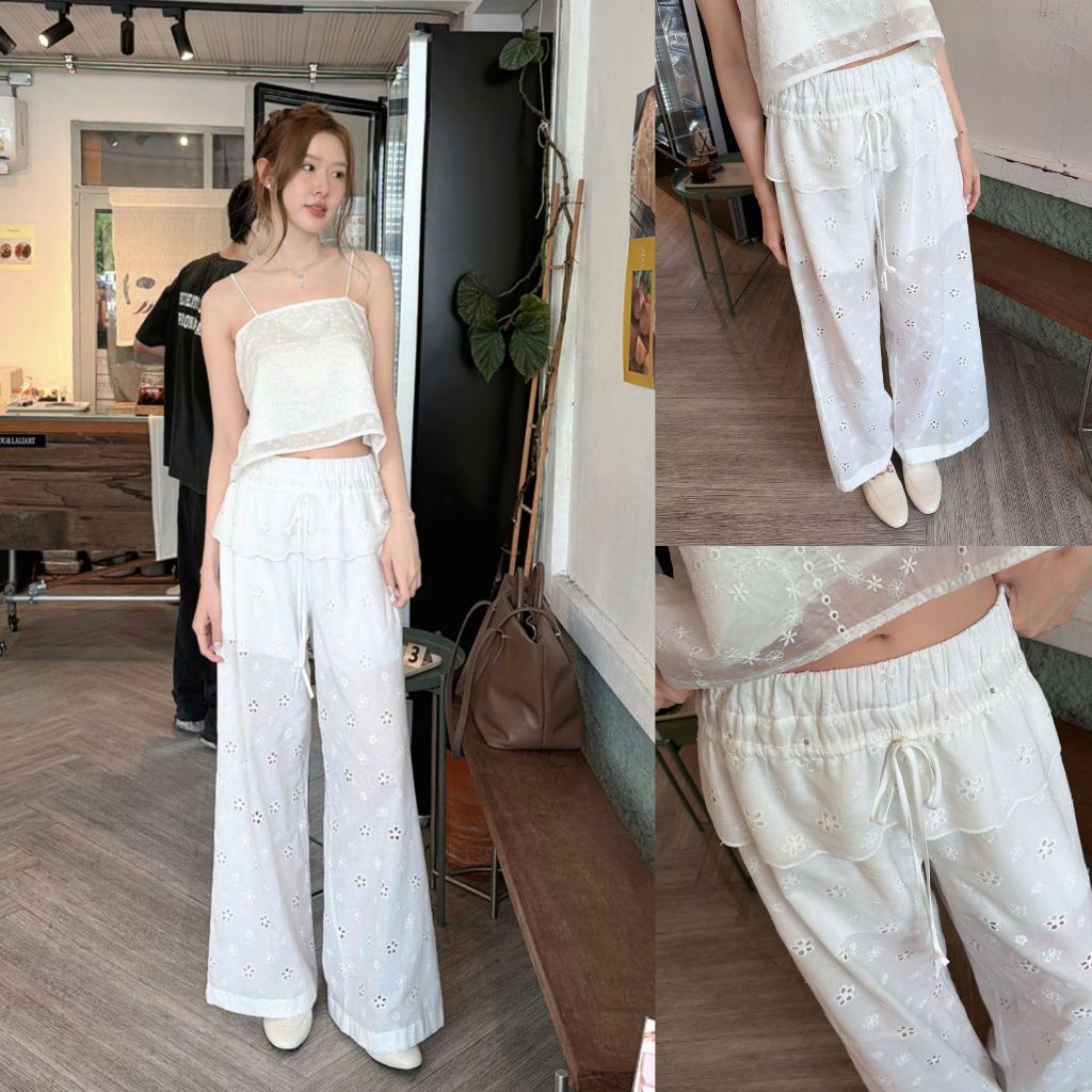 ส่งด่วน SLYQ JULEE RUFFLE WAIST LACE PANTS กางเกงขายาวผ้าลูกไม้แต่งระบายขอบเอว