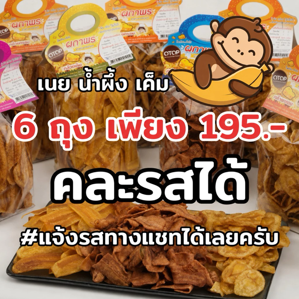 (ใหม่ พิเศษ 6 ถุง) กล้วยฉาบผกาพร คละรสแจ้งทางแชทได้เลยครับ