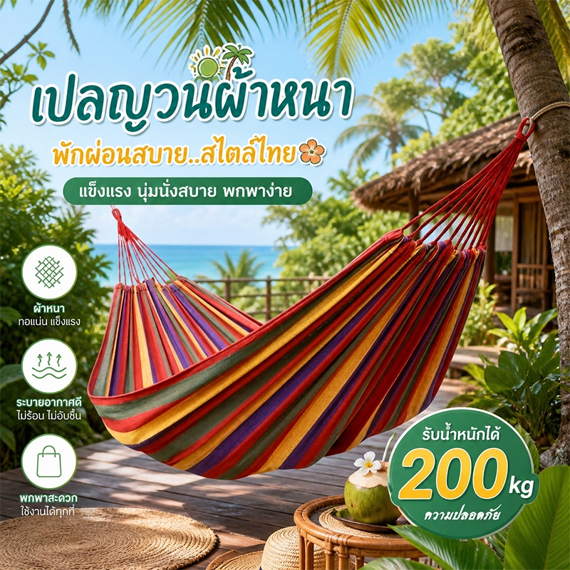 เปลผ้าโพลีเอสเตอร์สองชั้น ไซส์ XXL สำหรับ 2 คน รับน้ำหนัก 150 กก. แถมเชือก