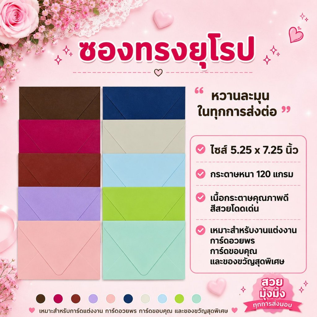 ซองทรงยุโรป ซองใส่การ์ดแต่งงาน การ์ดเชิญPremium**ขนาด 5.25 x 7.2 นิ้ว แพ็ค 50 ซอง* หนา 120 แกรม