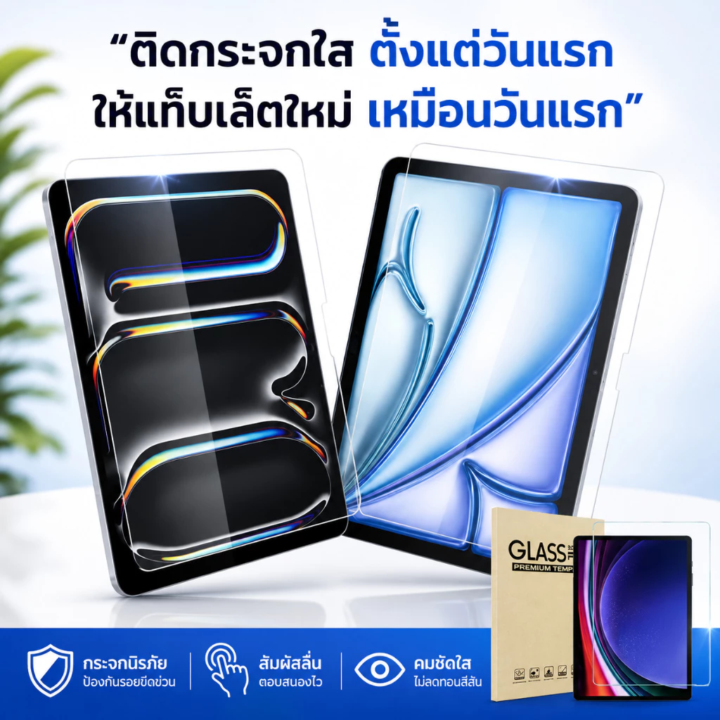 ฟิล์มกระจกกันรอย iPad A16 Gen10 Gen11 Air M3 M4 M5 Pro 11 Pro 12.9 2015 2017 mini 3 4 5 7 8 9 10 11 HD ใสเต็มจอ กันรอย