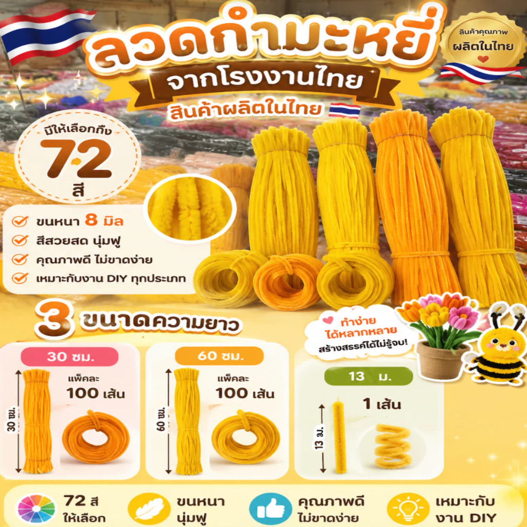 (100 เส้น/แพ็ค) ลวดกำมะหยี่ DIY ขนาด 8 มิล ยาว 30 ซม. โรงงานผลิตในประเทศไทย พร้อมส่งเร็ว ขนฟูแน่น สีสันสดใส สินค้าขายดี