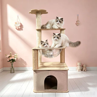 CoCo.PETcat tree คอนโดแมวไม้ แคททรี พร้อมบ้านแมว โดมอวกาศใส เสาลับเล็บสนาม ที่นอนแมว ของเล่นแมว ต้นไม้แมว