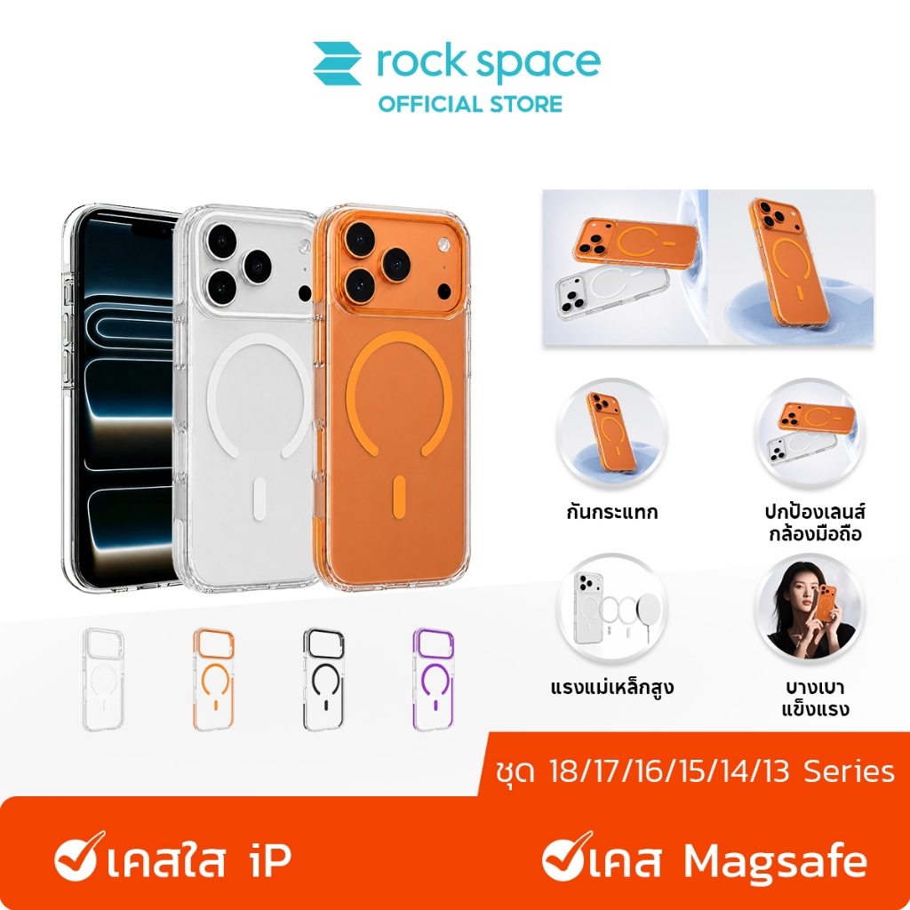 rock space เคส Magsafe 18 Pro Max Metal Lens Case เคสใสโฟน กันตกกว่า จะไม่เปลี่ยนเป็นสีเหลือง iP 17 