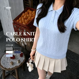Merxi.brand - Cable knit polo shirt เสื้อโปโลไหมพรมลายเปีย แขนสั้น มินิมอล เนื้อผ้านุ่ม ใส่สบาย [พร้อมส่ง]