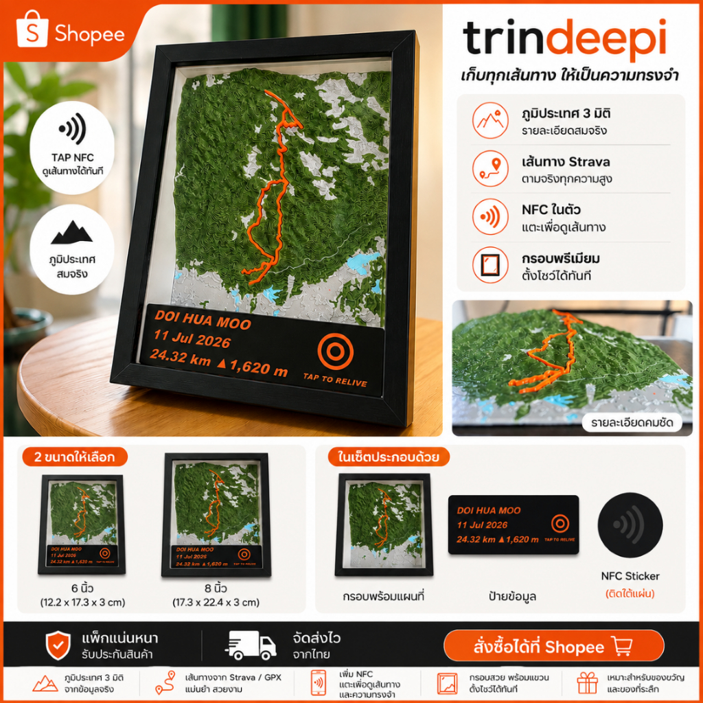 Trindeepi : MemoRoute แผนที่ภูมิประเทศ 3 มิติ จาก Strava | Custom Terrain Map พร้อมกรอบ (NFC Option)