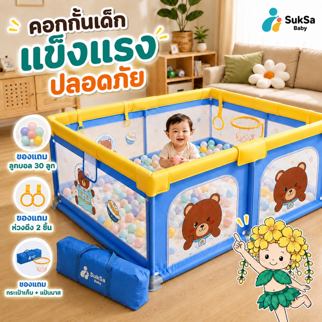 คอกกั้นเด็กผ้าอ๊อกซ์ฟอร์ด คอกเด็ก มีประตู 3.5/5/6 ฟุต สูง 68 ซม. ตาข่ายระบายอากาศ ใช้ได้ทั้งในบ้านและกลางแจ้ง