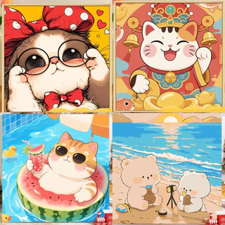 🐱DIY น้องแมว แมวน่ารัก ระบายสีตามตัวเลข พร้อมสี ขนาด 20x20 กรอบรูป ติดผนัง ระบายสี Diy แมว ของขวัญ