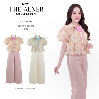 Thealner- (เซตเสื้อลายดอกแขนตุ๊กตาแต่งดอกกางเกงขายาว)