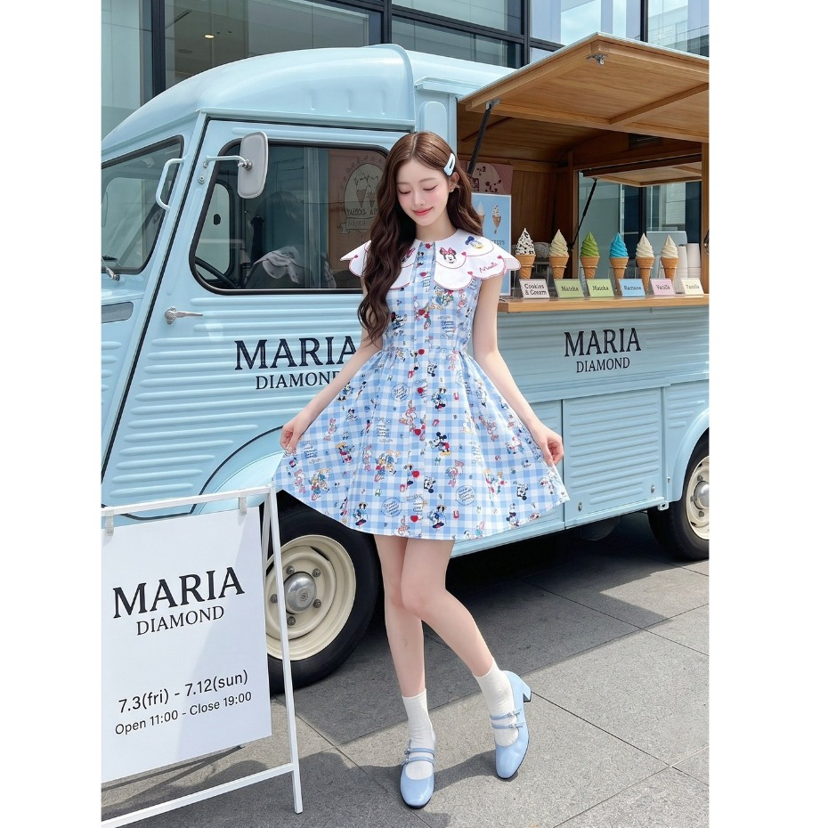 (มีถึง3XL) Maria Diamond สีฟ้า French Mick Dress เดรสสั้นผ้าเปเป้พิมพ์ลายสก็อตมิกกี้ ปกงานปักหน้าหลัง ซิปหลัง มีซับใน