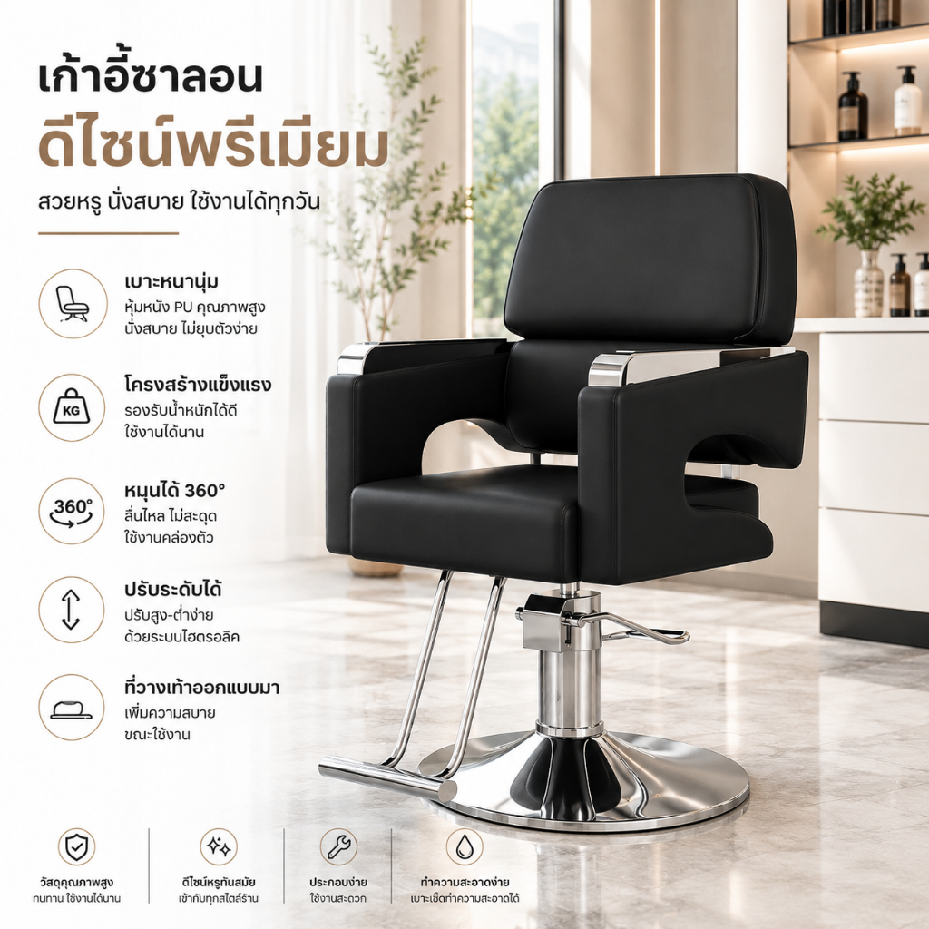 เก้าอี้ตัดผม เก้าอี้เสริมสวย ทำผม ร้านเสริมสวย เก้าอี้ตัดผมหมุนได้ ระบบไฮโดรลิคปรับขึ้นลงได้