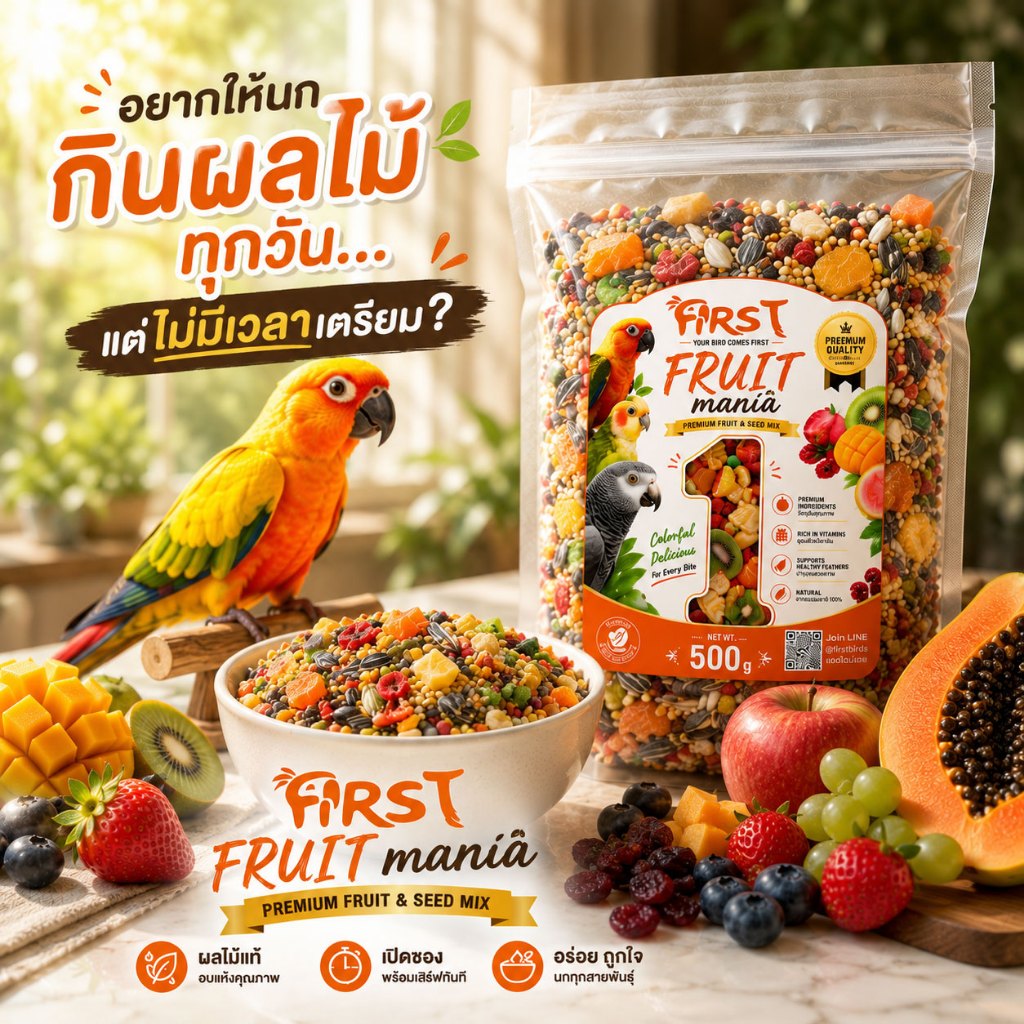FIRST Fruit Mania อาหารนกแก้ว ผลไม้แท้ผสมธัญพืช Premium Fruit & Seed Mix 500g