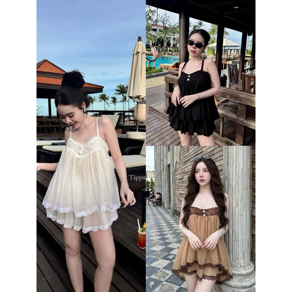 hmwe shop SETใหม่ค่า สายเดี่ยวทรงมินิเดรส มาพร้อมกระโปรง มีซับใน งานแต่งลูกไม้ทั้งตัว ให้ลุคพี่สาวเวียดนามแบบถูกต้อง
