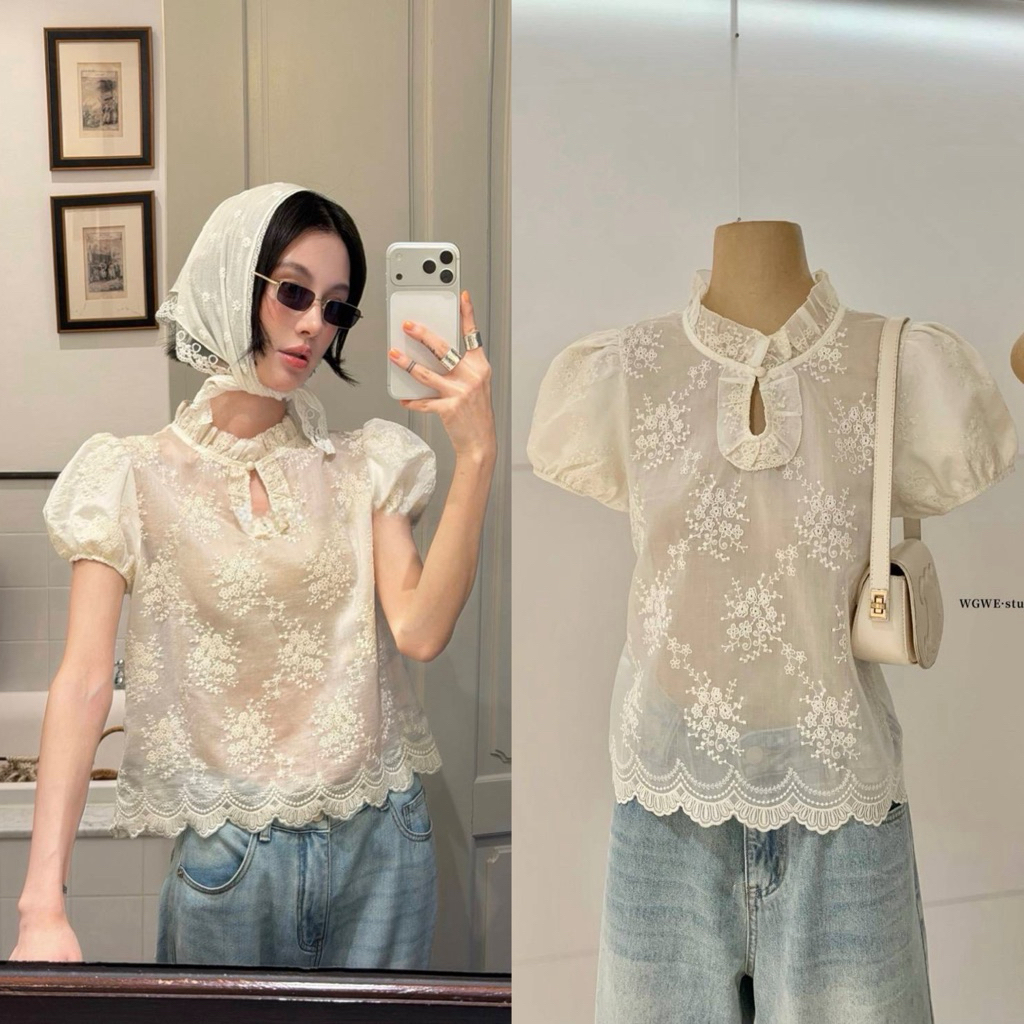 พร้อมส่ง 10496# เสื้อลูกไม้ แขนสั้น ติดกระดุมคอช่วงอก เนื้อผ้าดี งานสวย TAG:WG.WE