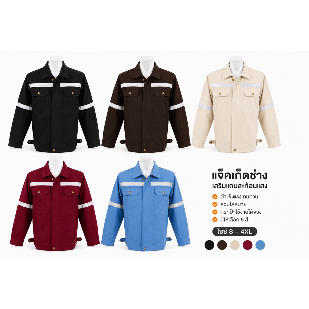 เสื้อช็อป เสื้อช่าง มีแถบสะท้อนแสง กันสะเก็ดไฟได้ (XS - 6XL)