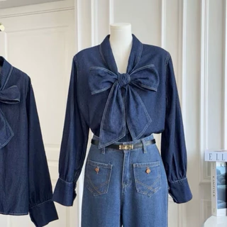 พร้อมส่ง‼️ (GMG57) เสื้อเชิ้ตเดนิมแขนยาว คอวีงานโบว์ Oversize ผ้า Denim Jean ตัดกับด้ายคู่สีขาว ทรงสวยใส่สบาย
