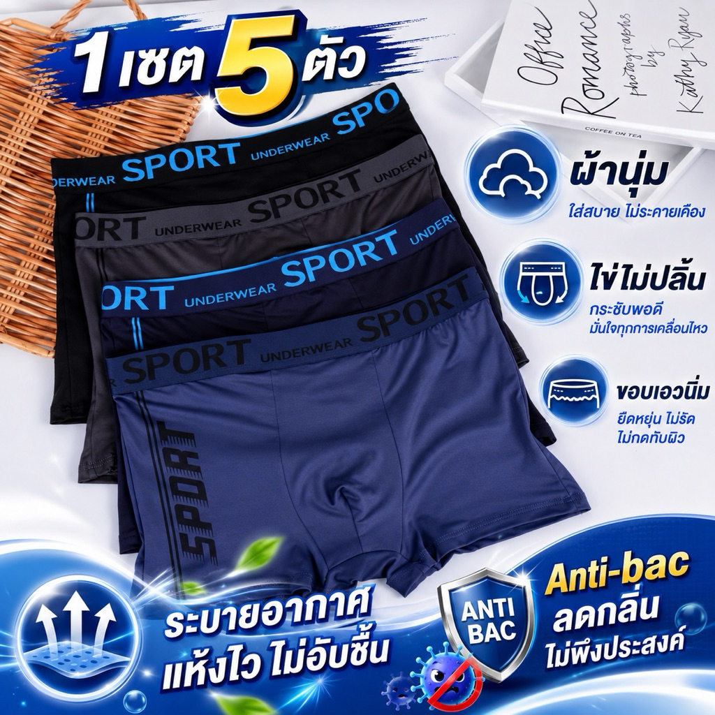 [1 เซ็ต 5 ตัว] กางเกงในชายขาสั้น [SET H] คละสี 5 ตัว **ไม่เบ