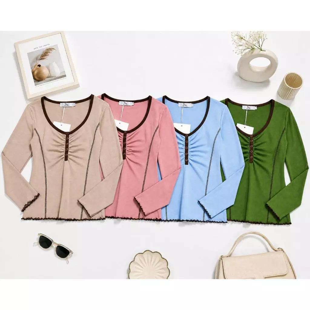 245-246-247 รุ่นSena(เซน่า) ผ้าCotton Supersoft เสื้อแขนยาวทรงเข้ารูป ดีไซน์คอปาดกว้าง เพิ่มความละมุนด้วยดีเทลจับจีบ