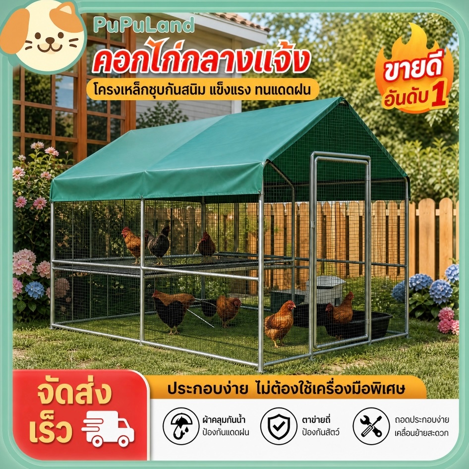 🌟เตียงไก่แบบบิวท์อิน🐓กรงไก่และโรงเรือนเลี้ยงไก่กลางแจ้ง ขนาดใหญ่ โครงเหล็ก แข็งแรง สำหรับไก่ เป็ด นกพิราบ ฟาร์ม