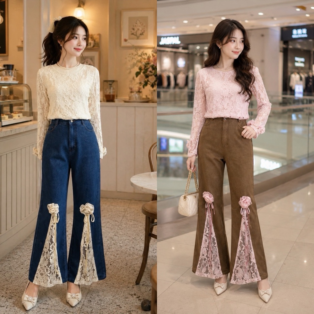 (ขนาดปกติ เสื้อ 19“ กางเกง 40”) ชุดยีนส์ เสื้อลูกไม้+กางเกงยีนส์เอวสูง แต่งแถบลูกไม้ ดอก3d งานป้าย chalita