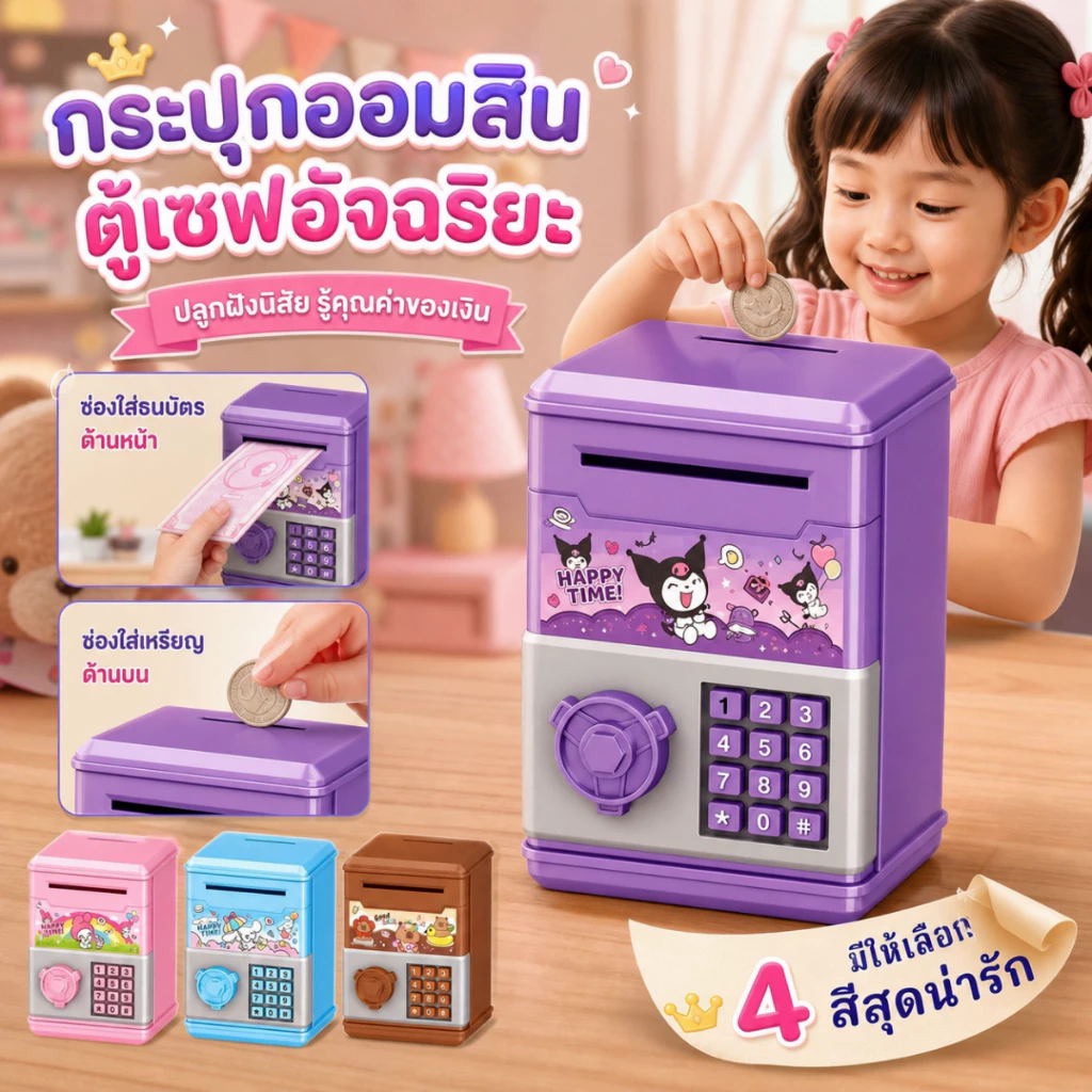ตู้เซฟออมสินขนาดเล็กธีมการ์ตูน รองรับใส่เหรียญและธนบัตร ของเล่นฝึกออมเงินเด็ก