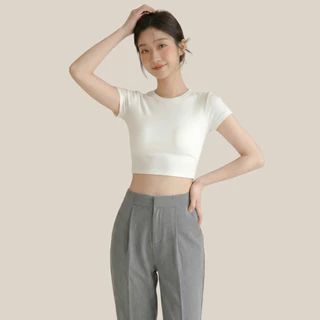 WsimpleBra | Ginny Crop Top เสื้อยืดทรงครอป คอกลมแขนสั้น มีบราในตัว เลิกใส่ชุดชั้นในและซิลิโคลปิดจุก