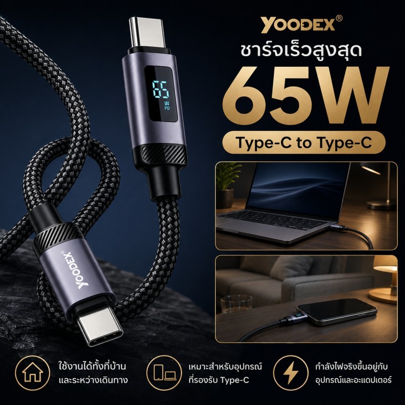 YOODEX Type-C ถึง Type-C 65W สายเคเบิลข้อมูลจอแสดงผลดิจิตอล พร้อมชิปในตัวเพื่อเอาต์พุตที่เสถียร