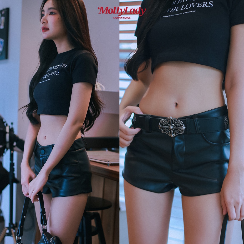 Molly Lady กางเกงขาสั้นหนัง สีดำล้วนสไตล์เกาหลี มีซับในผ้า BLACK leather shorts