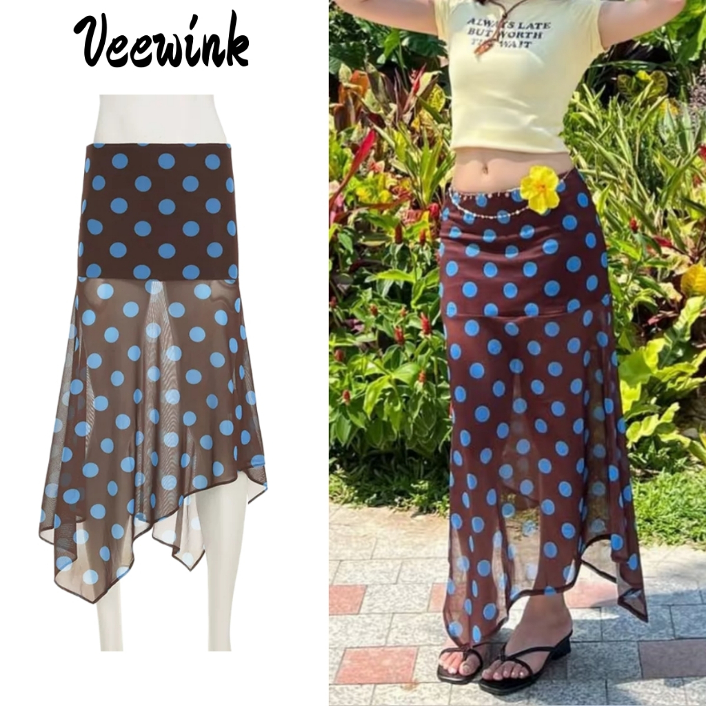 Veewink กระโปรงลายจุดตัดสี ดีไซน์ไม่สมมาตร เนื้อโปร่งแสง หวานดูดี สไตล์ฝรั่งเศสวินเทจ แมทช์ง่าย ใส่เที่ยวทะเล